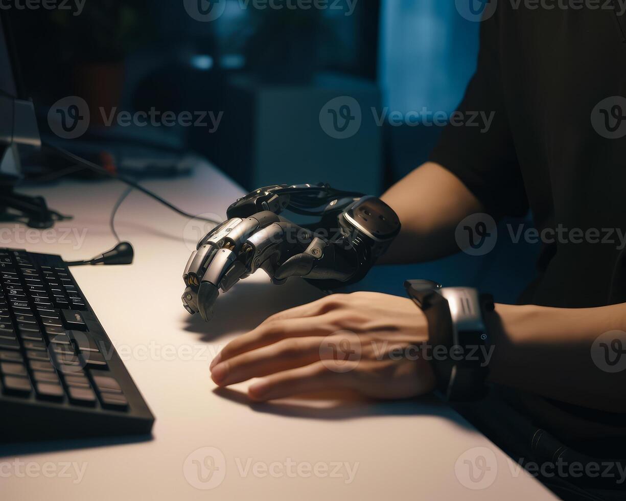 AI generated Close-up on Hands Person with Disability. A person sitting at a desk with a computer photo