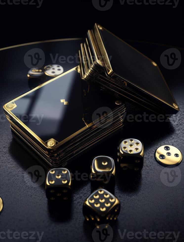 ai generado Tres negro y oro tarjetas y dados. un negro mesa con oro dado y un negro caso foto