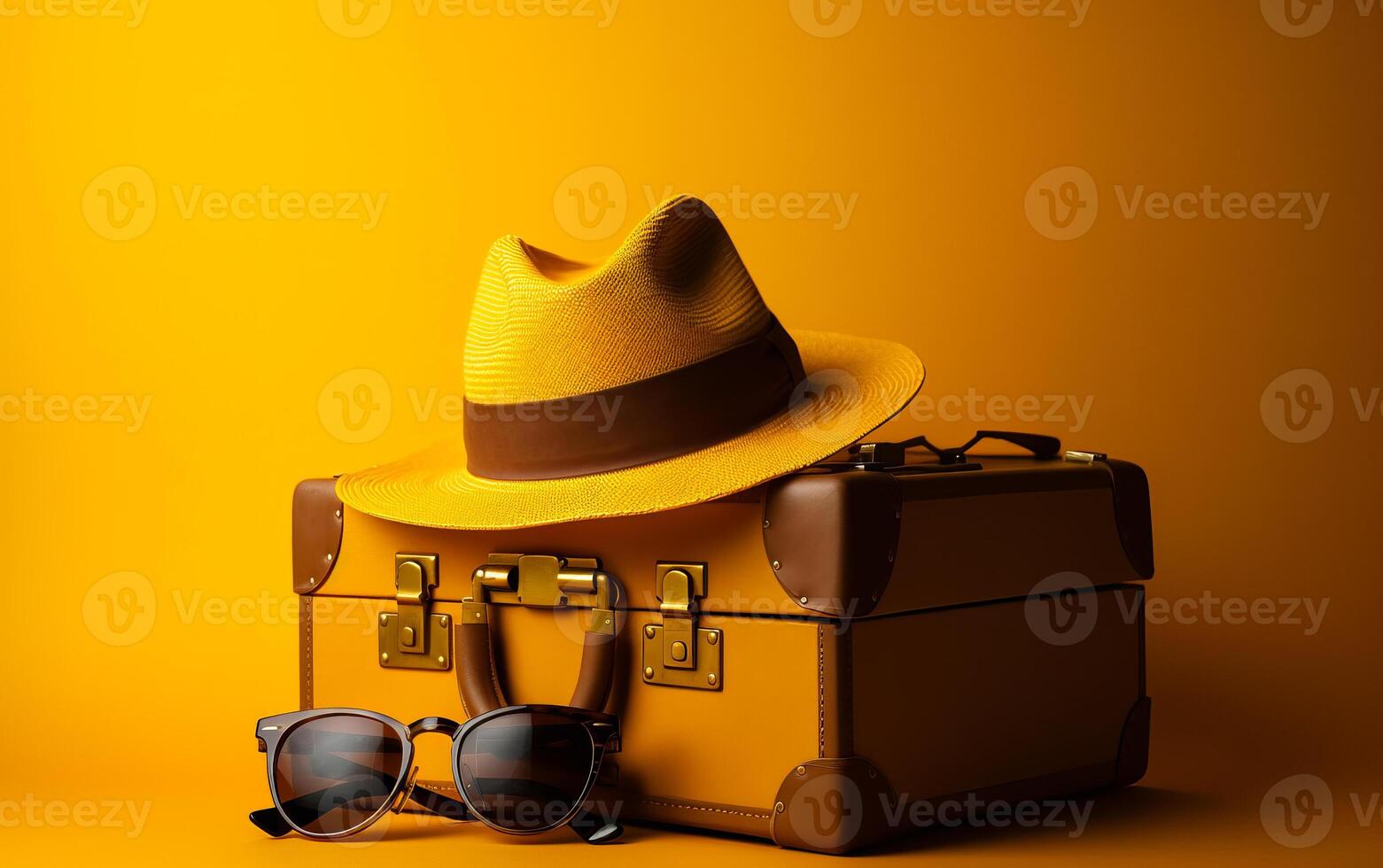 AI generated The picture is a yellow suitcase hat sunglasses. A hat, sunglasses, and suitcase on a yellow background photo