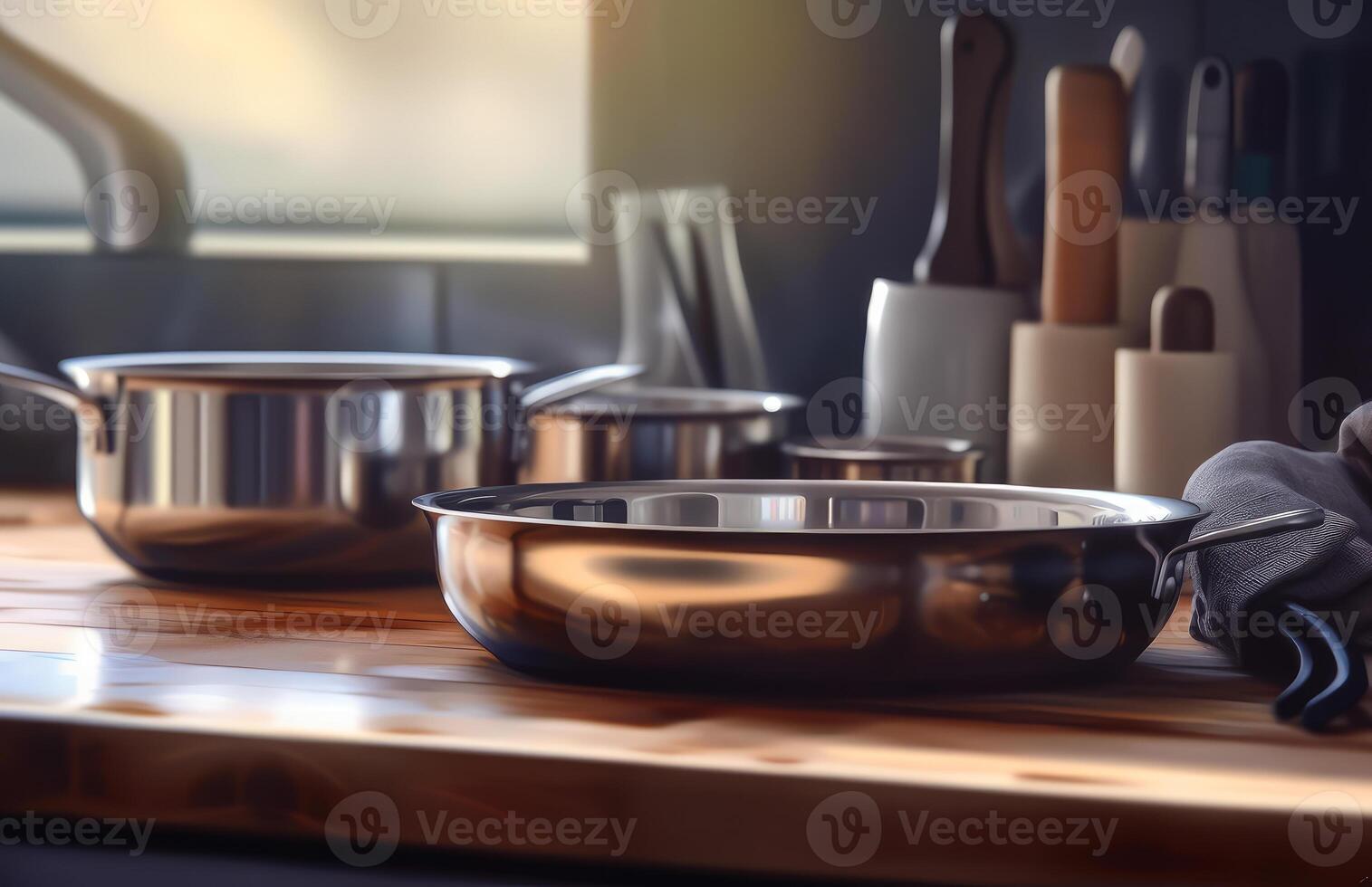 AI generated Wooden wooden kitchen counter. A wooden table topped with pots and pans photo