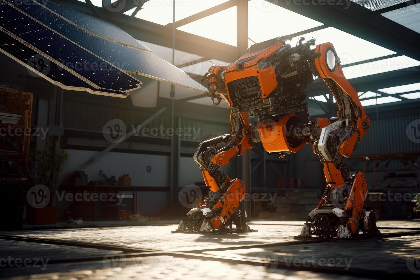 AI generated A solar panel under a robot in an industrial. A robot standing in a warehouse next to a solar panel photo