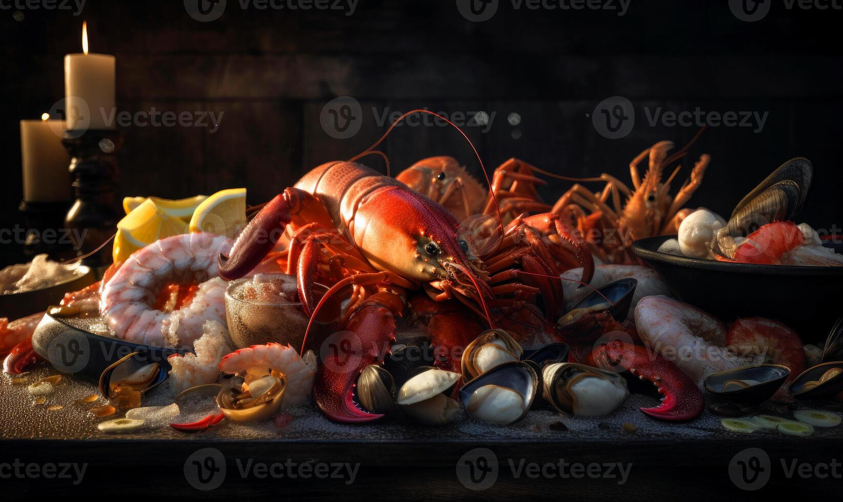 AI generated A Delicious Seafood Feast. A pile of lobsters and clams on a table photo