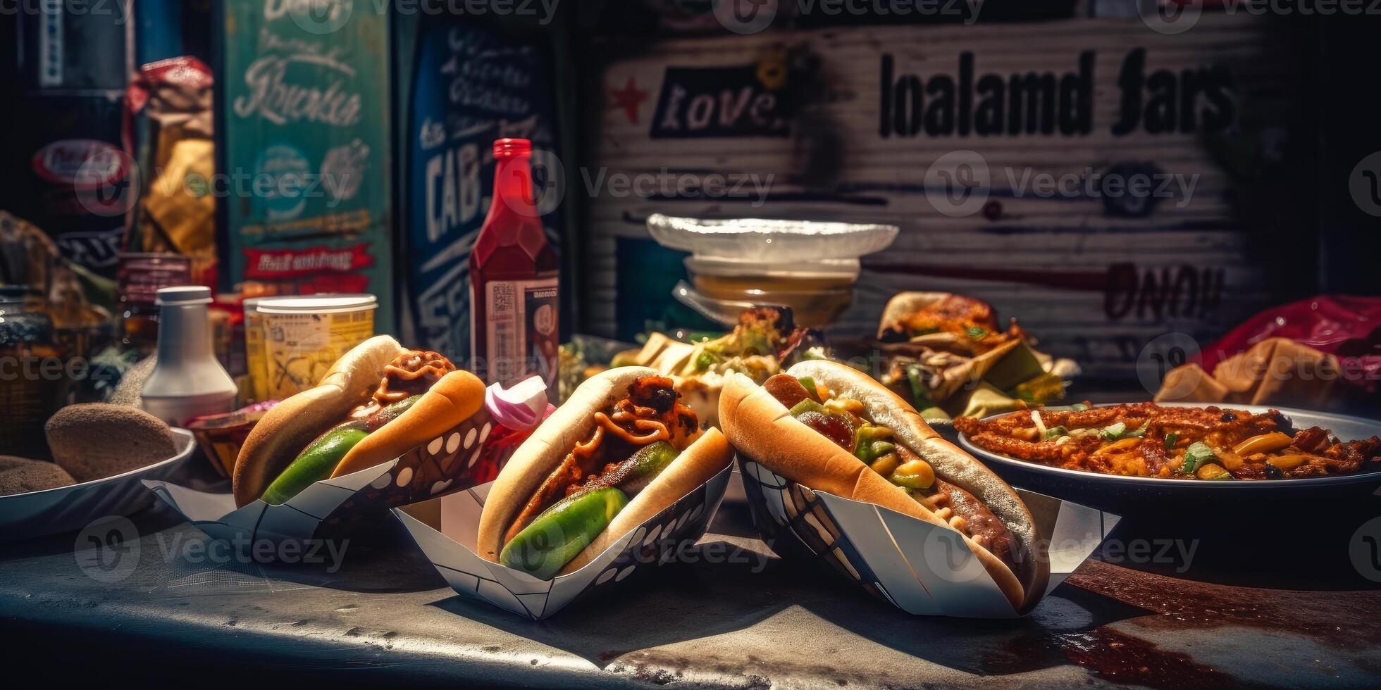 AI generated American street food with tradional setting. A table topped with three hot dogs covered in toppings photo