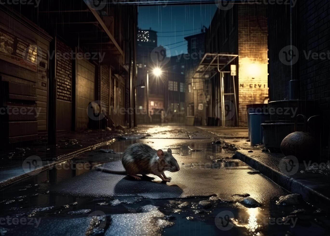 AI generated Rat in the alley at night. A rat walking down a street at night photo