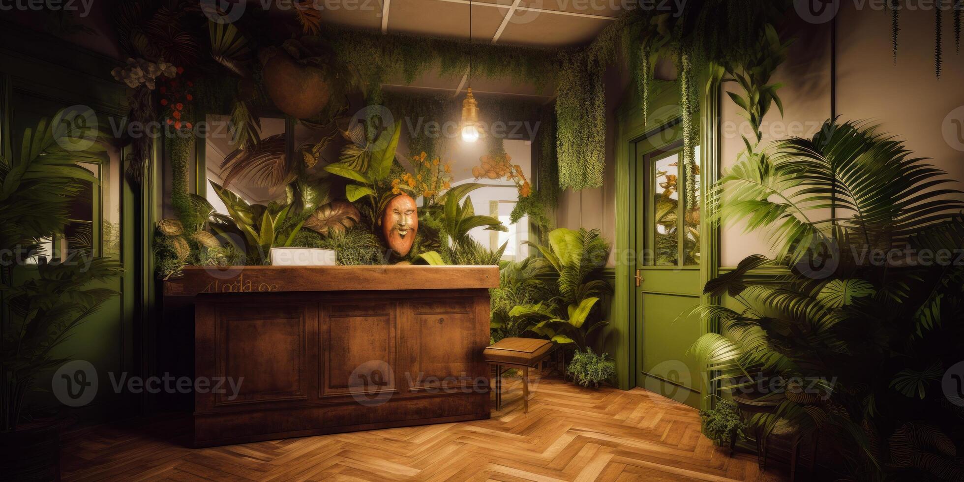 AI generated An boring office reception area. A room filled with lots of plants and a wooden desk photo