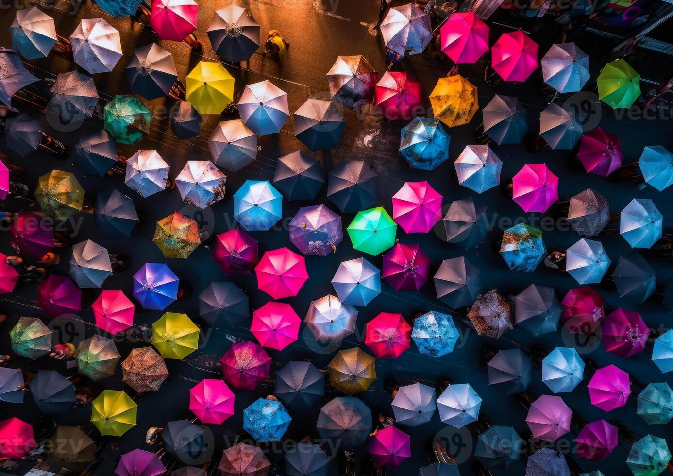AI generated Many colorful umbrellas are in the middle. A group of umbrellas that are in the air photo