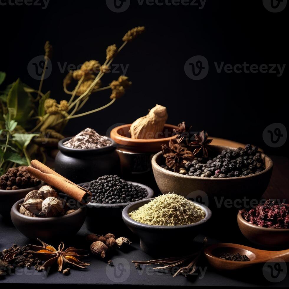 AI generated A Table of Spices. A table topped with bowls filled with different types of spices photo