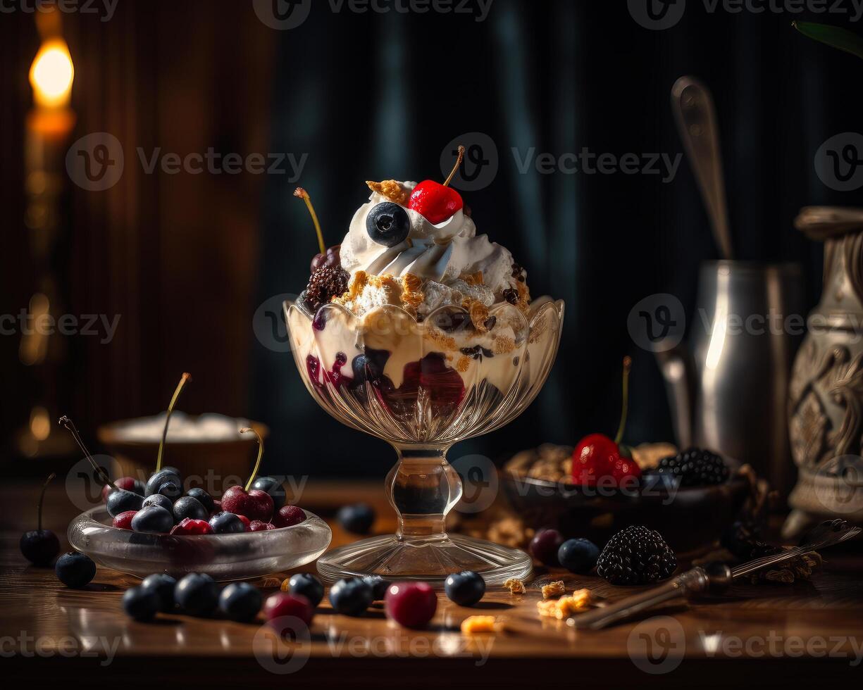 AI generated Delicious Bowl of Ice Cream Topped with Fresh Cherries and Blueberries. A bowl of ice cream with cherries and blueberries photo