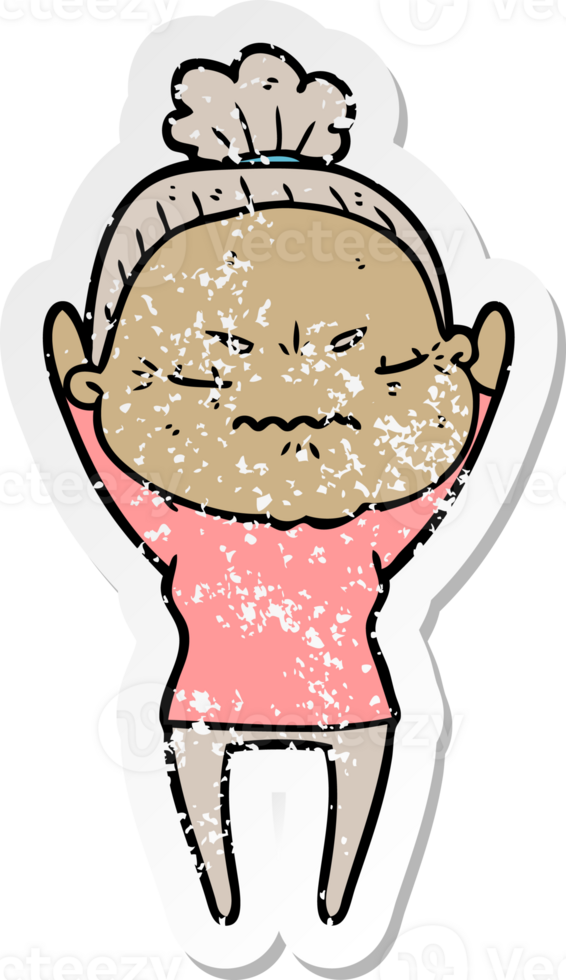 distressed sticker of a cartoon annoyed old lady png