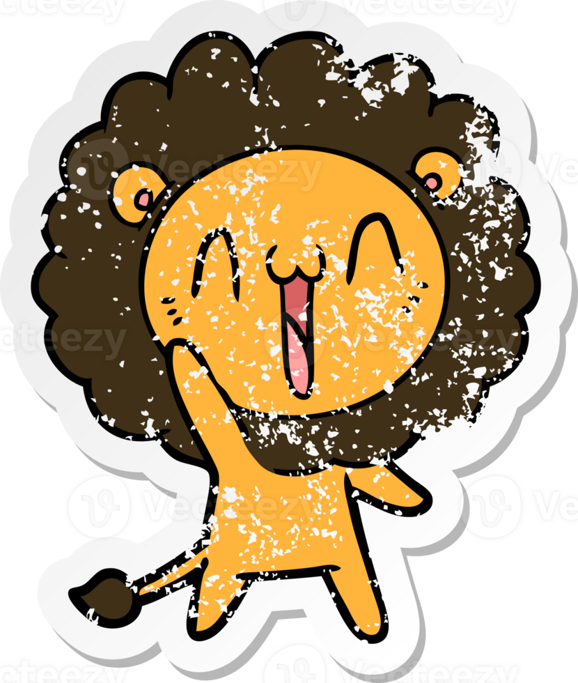 distressed sticker of a happy cartoon lion png