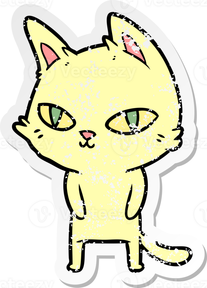 distressed sticker of a cartoon cat with bright eyes png