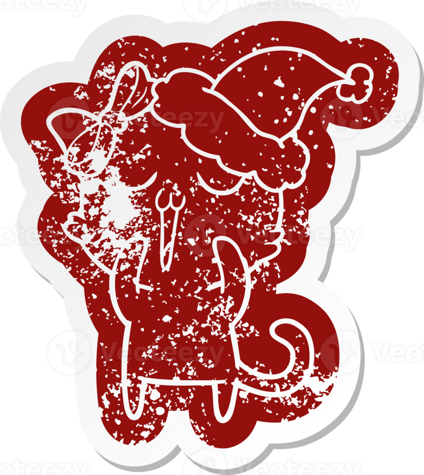 cartoon distressed sticker of a cat wearing santa hat png