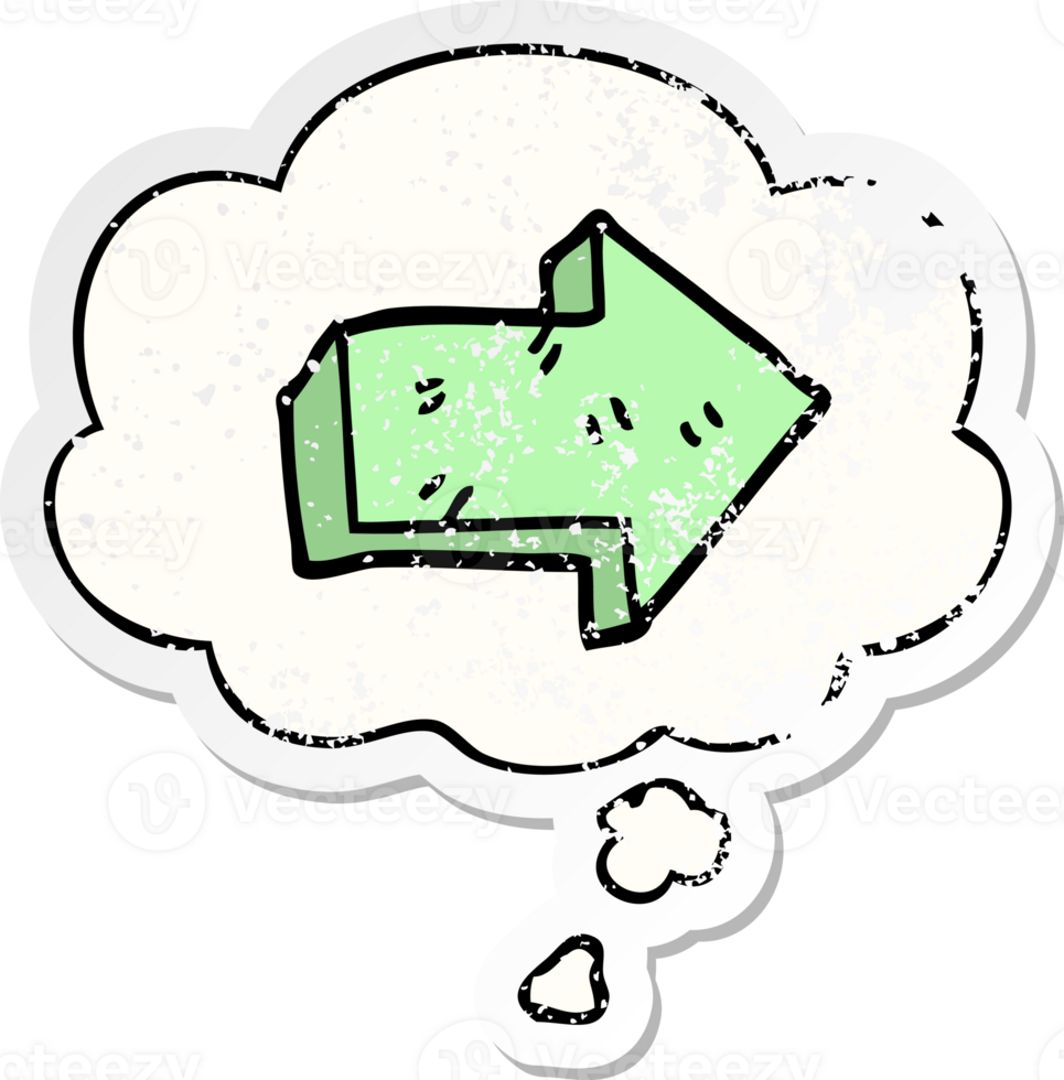cartoon pointing arrow and thought bubble as a distressed worn sticker png