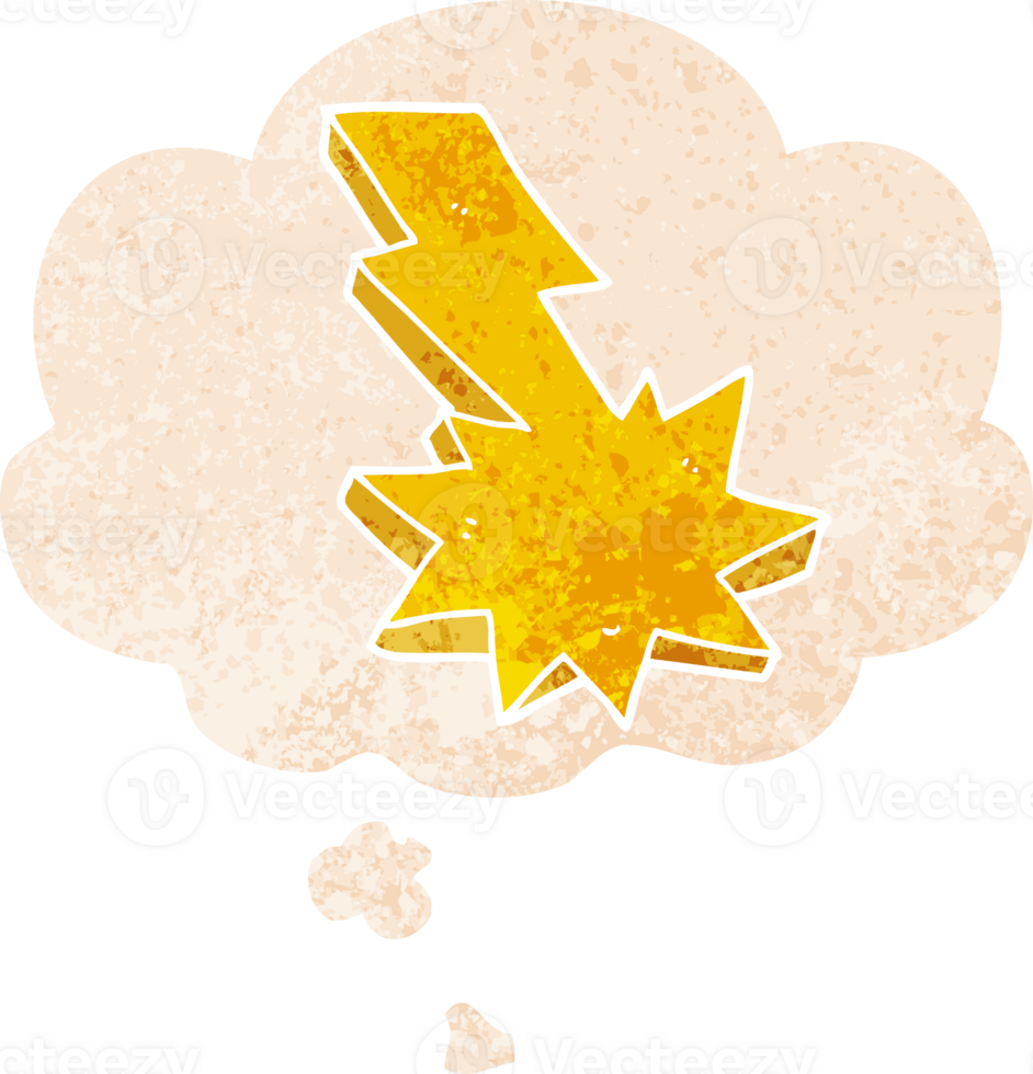 cartoon lightning strike and thought bubble in retro textured style png