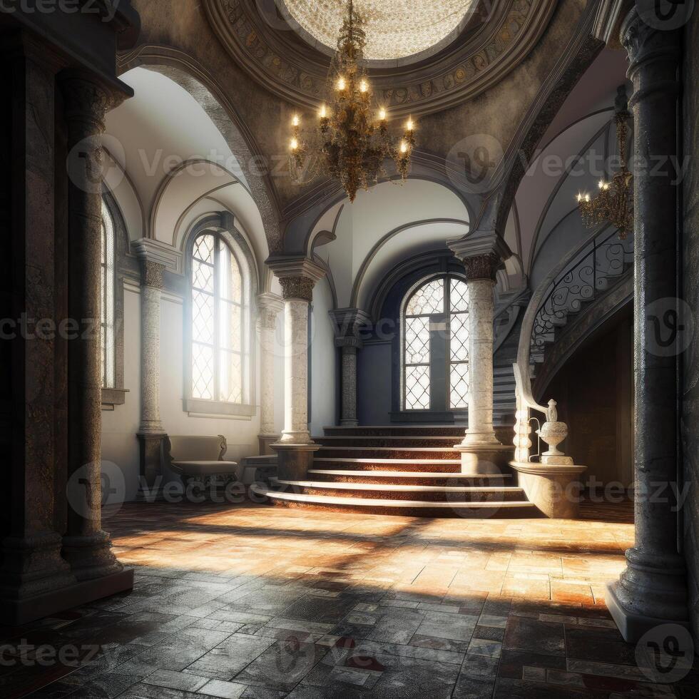 ai generado ultra realista moderno castillo interior. un grande habitación con un candelabro y un escalera foto