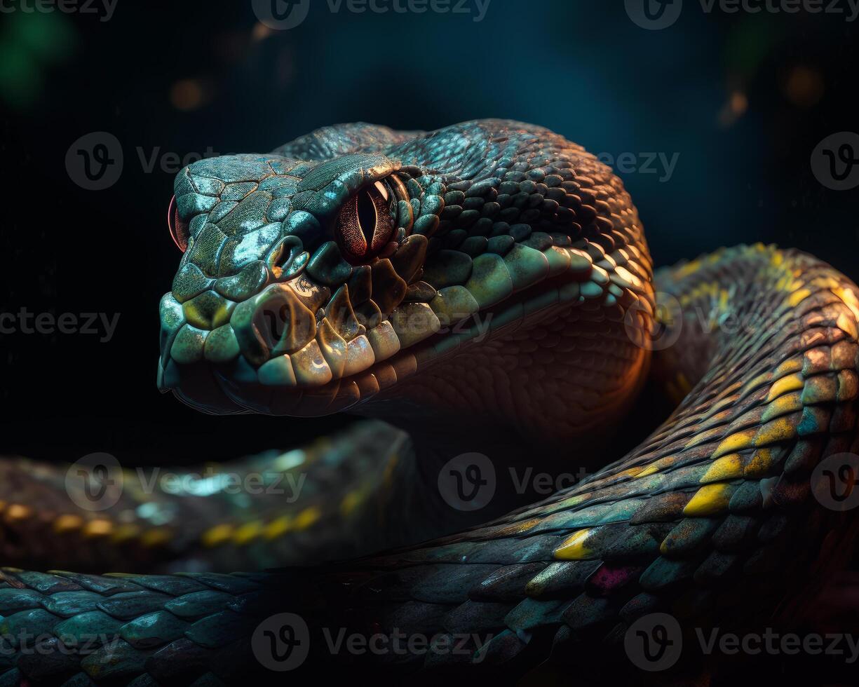 ai generado serpiente con continuar cuernos. un cerca arriba de un serpiente en un negro antecedentes foto