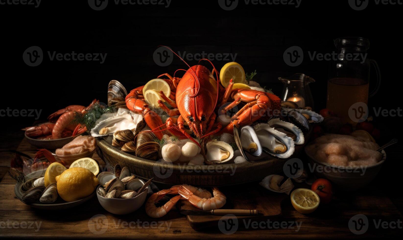 AI generated Seafood platter with lobster scallops clams. A table topped with lots of different types of seafood photo