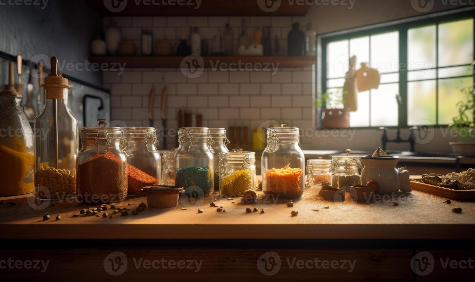 AI generated Vintage kitchen stock photo image of spices. A wooden table topped with jars filled with food