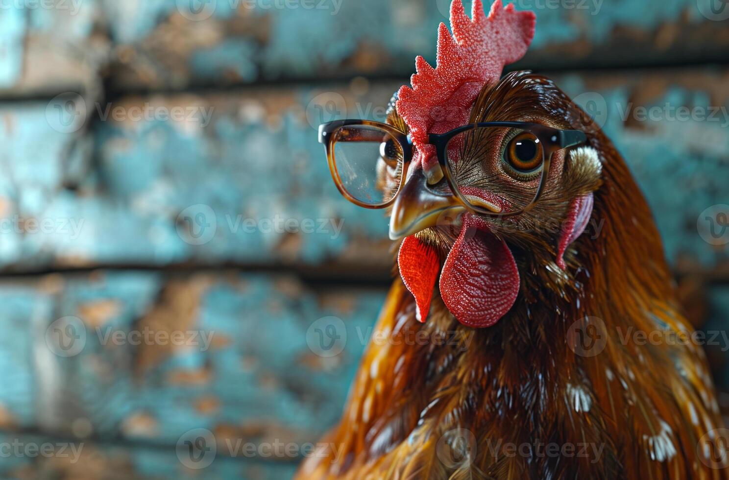 AI generated Close Up Photo of a Rooster Wearing Glasses. This close up photo captures a rooster confidently sporting a pair of glasses.