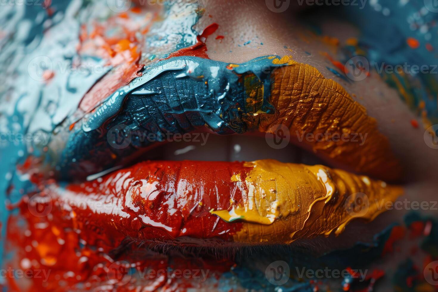 AI generated Close-Up of Womans Mouth With Paint, Vibrant, Artistic Expression photo