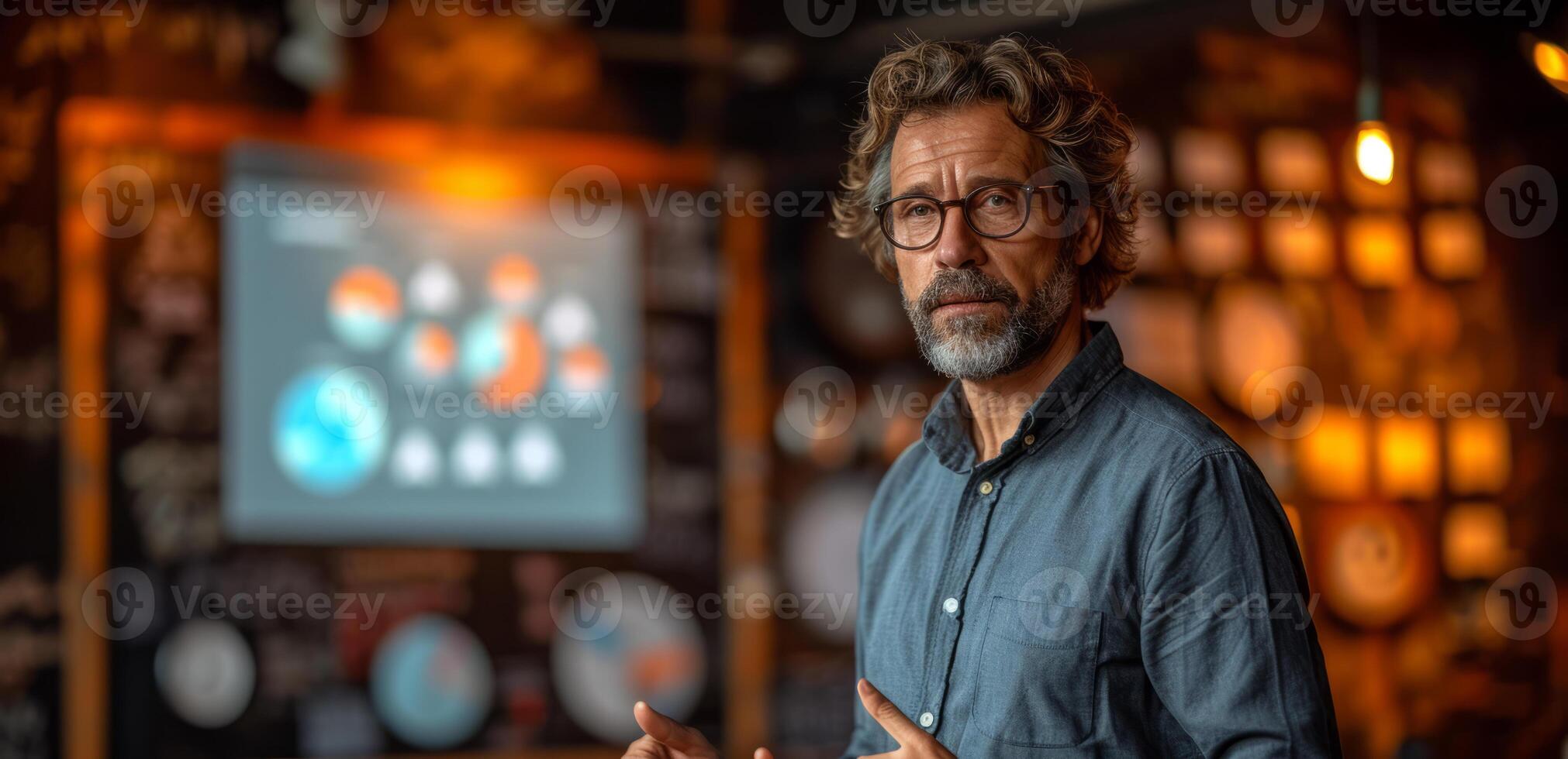 AI generated Man Standing in Front of Projection Screen for Presentation. A man presenting in front of a large projection screen during a business meeting. photo