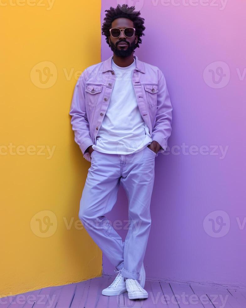 AI generated Man Standing in Front of Yellow and Purple Wall. A man stands confidently in front of a vibrant yellow and purple wall. photo