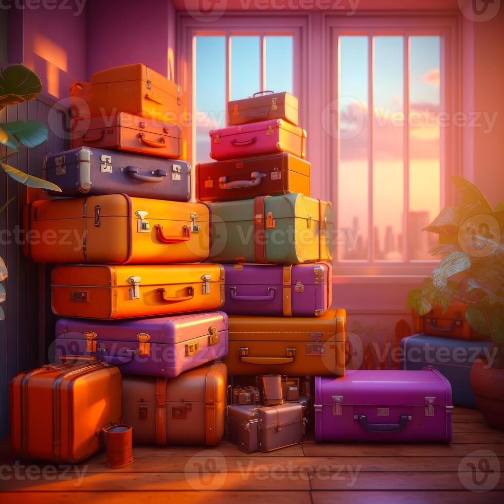 AI generated Various suitcases on colorful backgrounds. A pile of luggage sitting next to a window photo