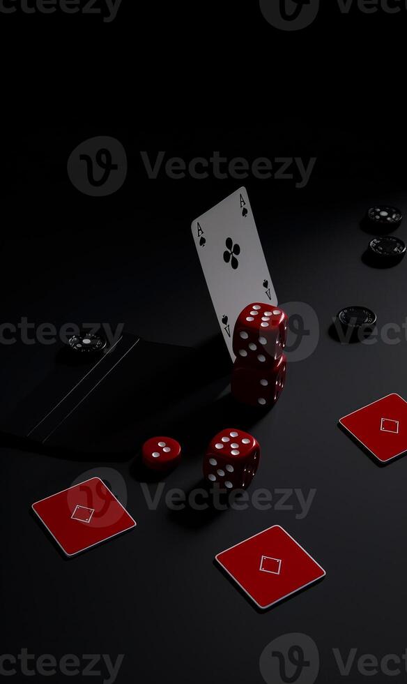 AI generated Cards and dice with a red card. Playing cards and dice on a black table photo