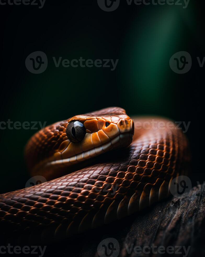 AI generated Macro photography long focal. A close up of a snake on a branch photo