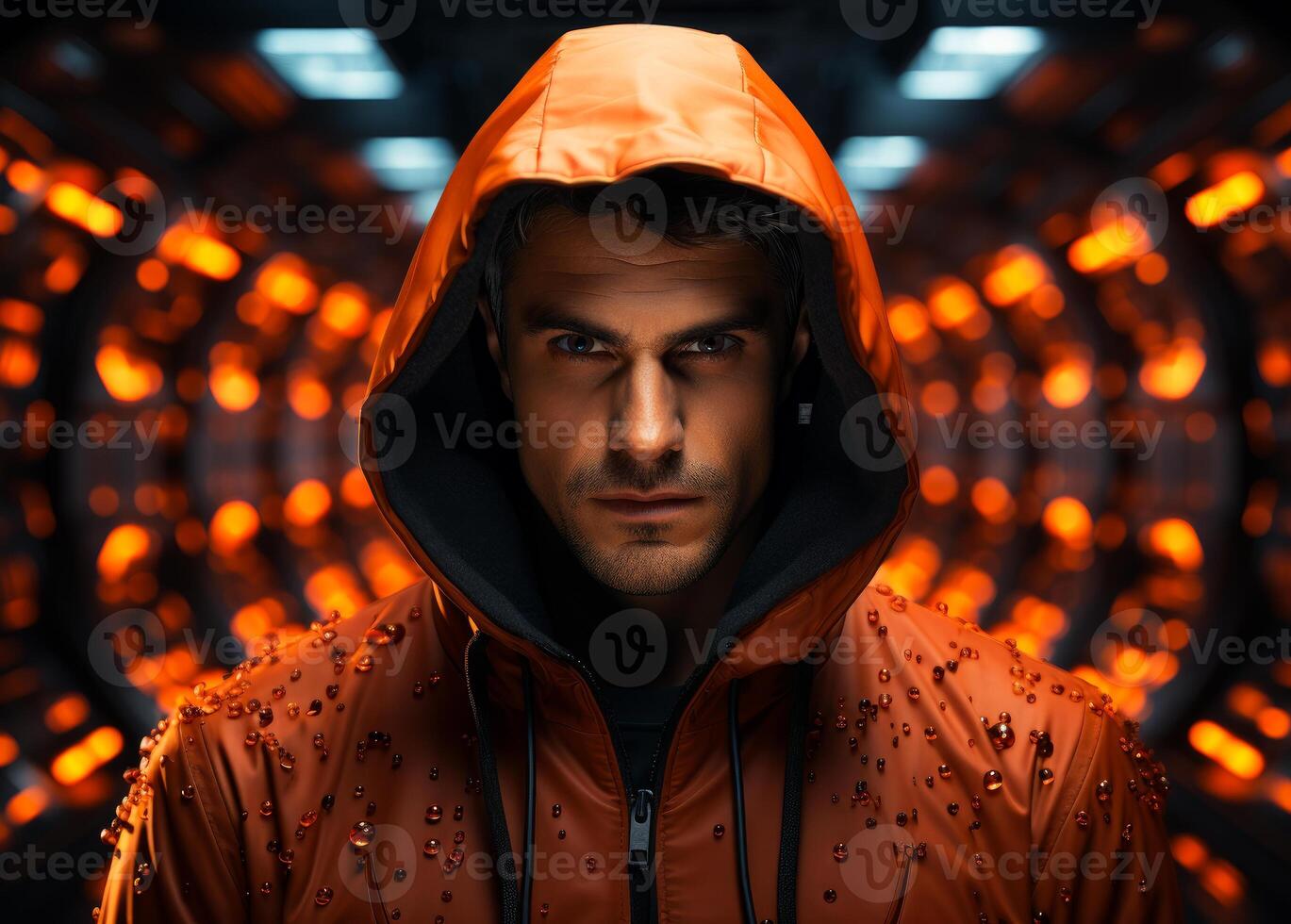 AI generated A man in hoodie is standing. A man in a hooded jacket standing in front of a tunnel photo