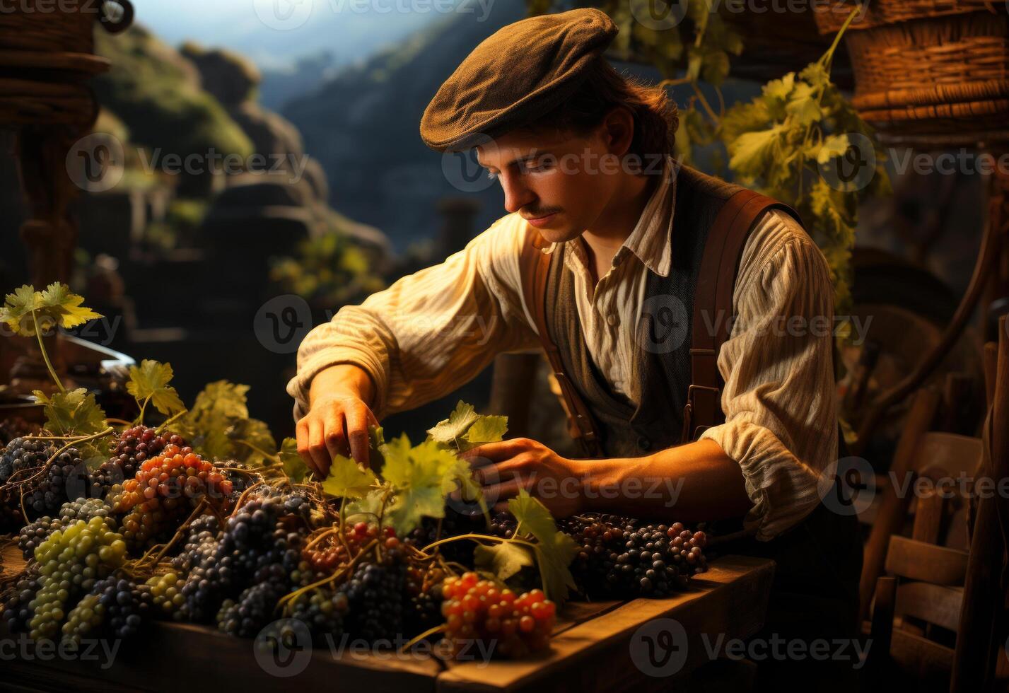 ai generado un chico cosecha uvas en un viñedo. un hombre en pie terminado un mesa lleno con un montón de uvas foto