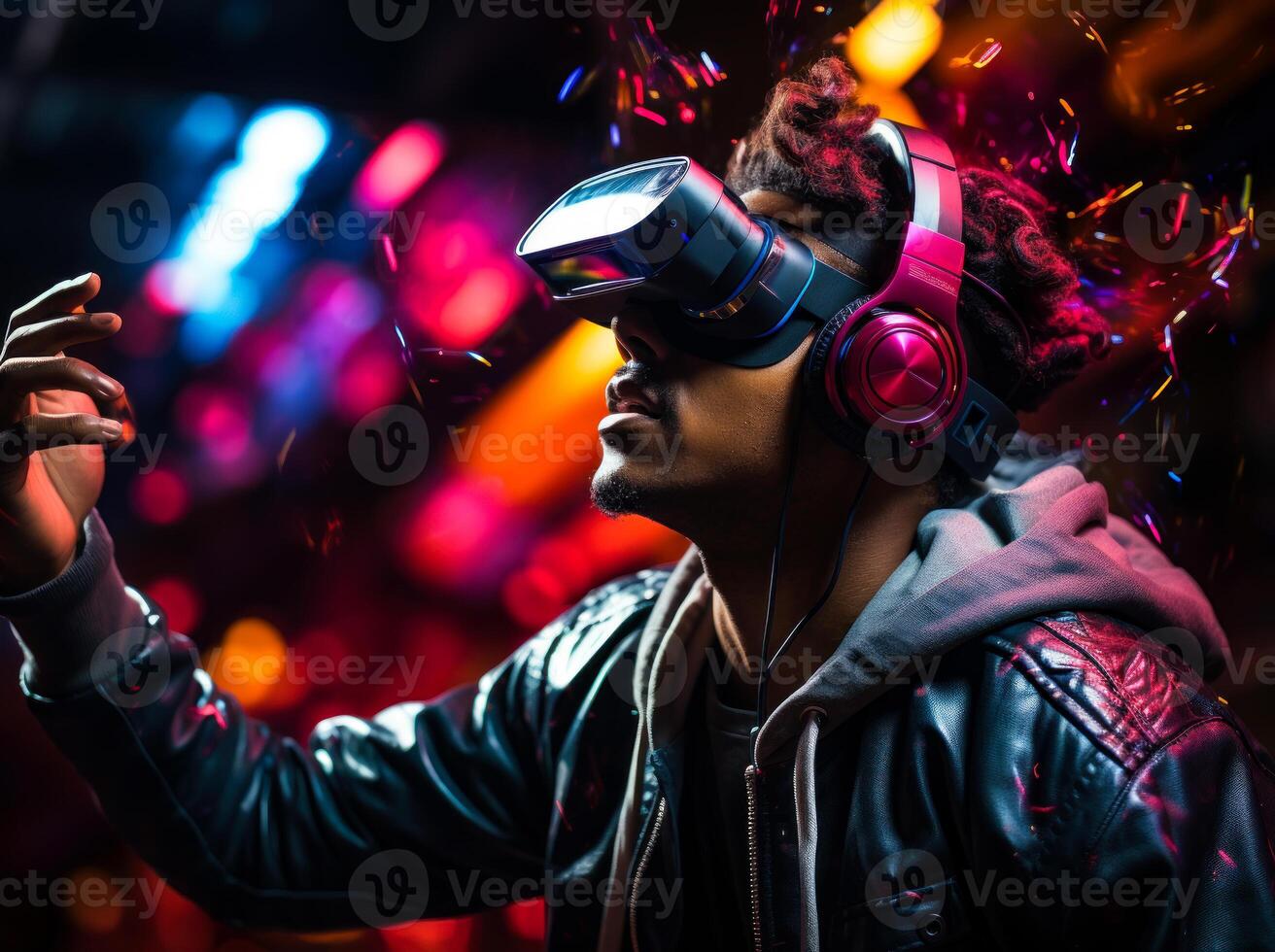 AI generated A man wearing a virtual reality glasses. A man wearing headphones and a microphone, tuning into the rhythm of his soul, unveils an enchanting symphony of his thoughts. photo