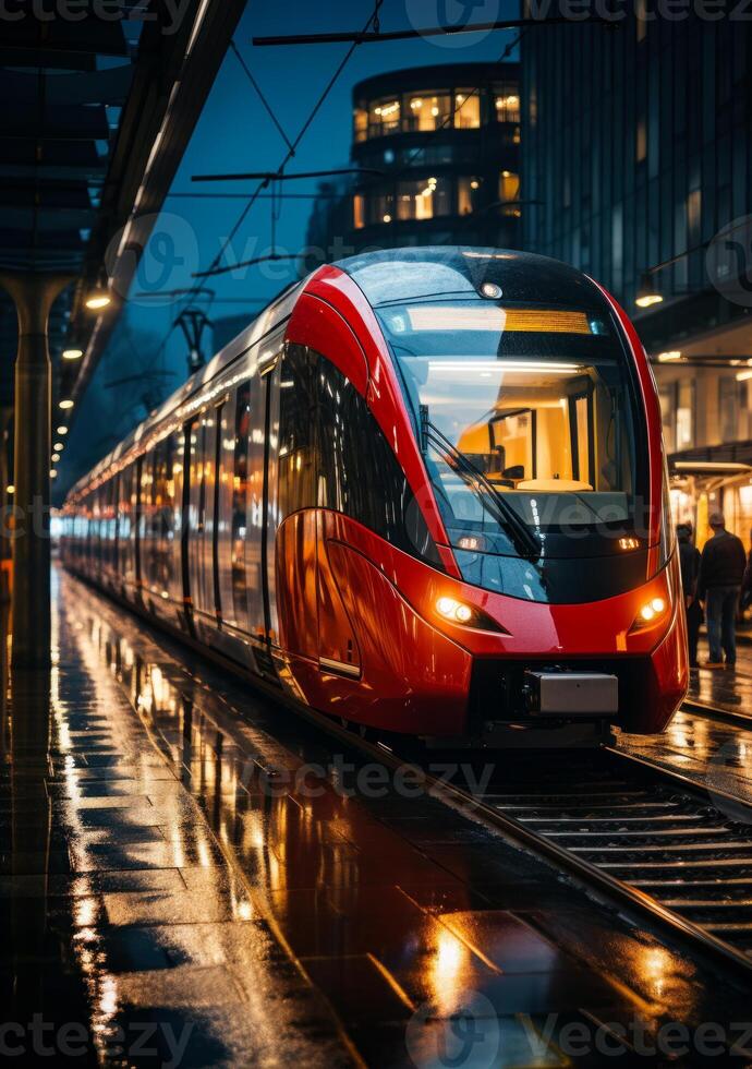 AI generated Red commuter train in motion. A red train traveling down train tracks next to tall buildings photo