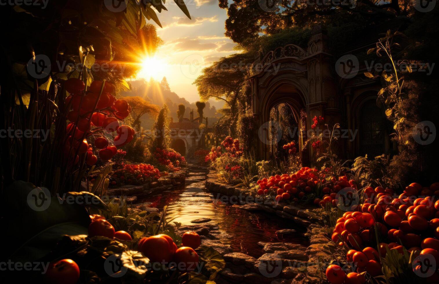 AI generated A mans garden with tomatoes in sunset. The sun is setting over a garden with flowers photo