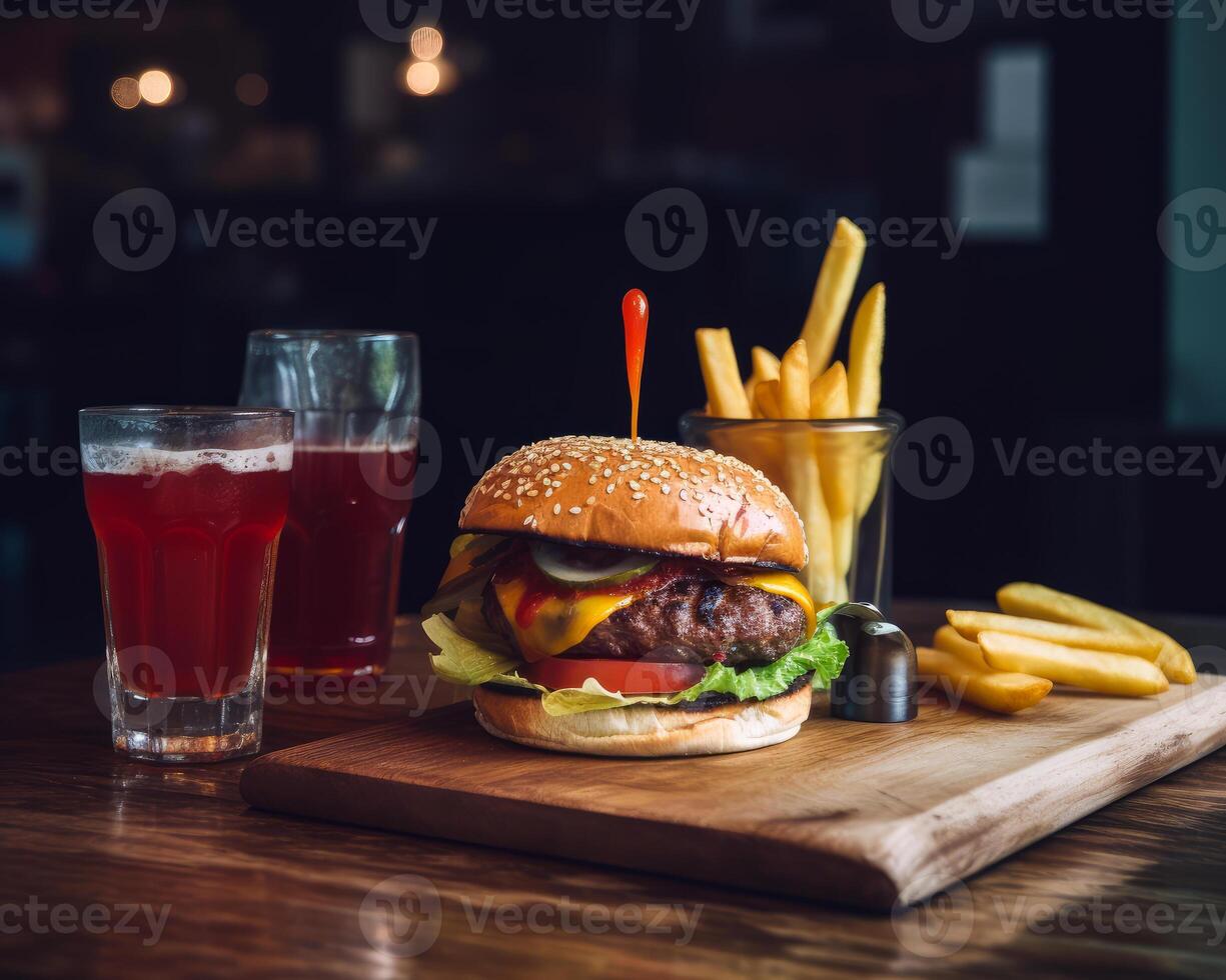 AI generated Hamburger with fries. A hamburger and fries on a wooden cutting board photo