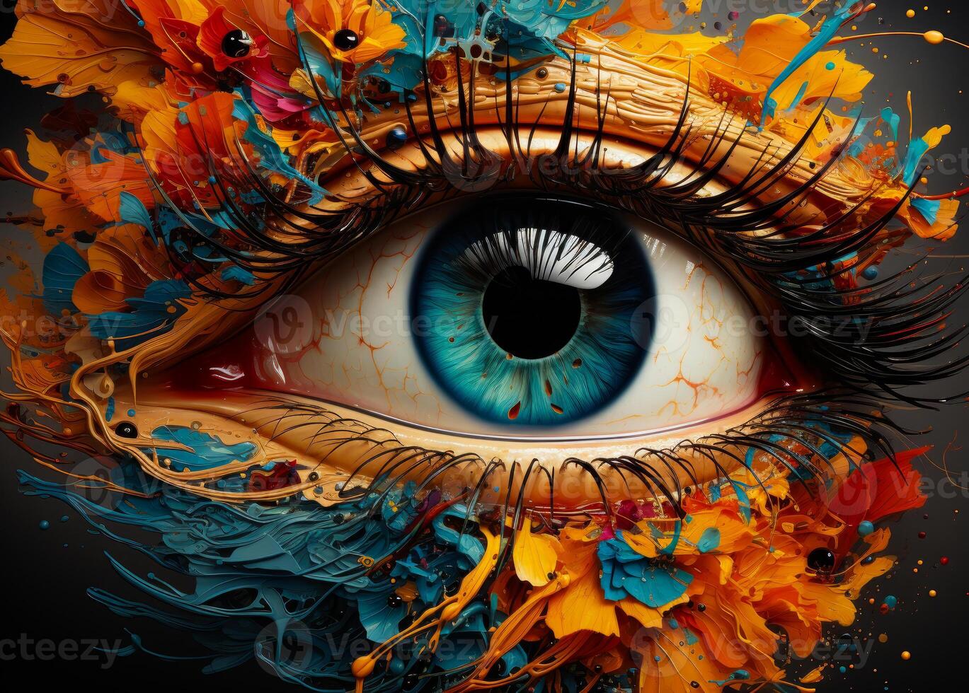 AI generated A close up of an eye. A close up of a blue eye with orange and blue flowers on it photo