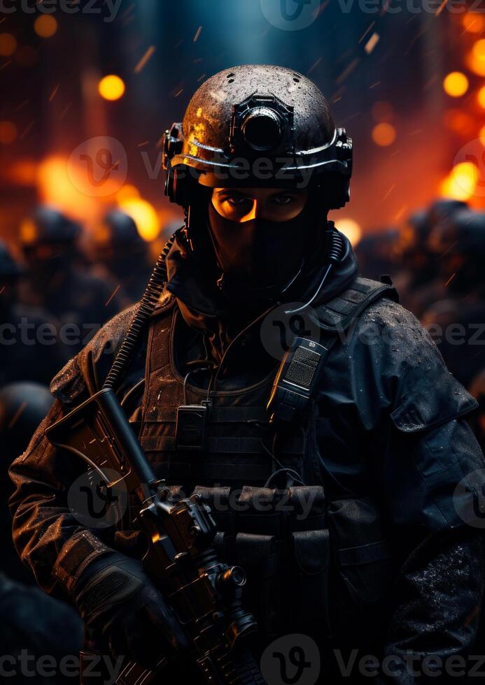 AI generated Police force live wallpaper. A helmet-clad man grips a formidable weapon, embodying a watchful presence cloaked in the obscurity of night. photo