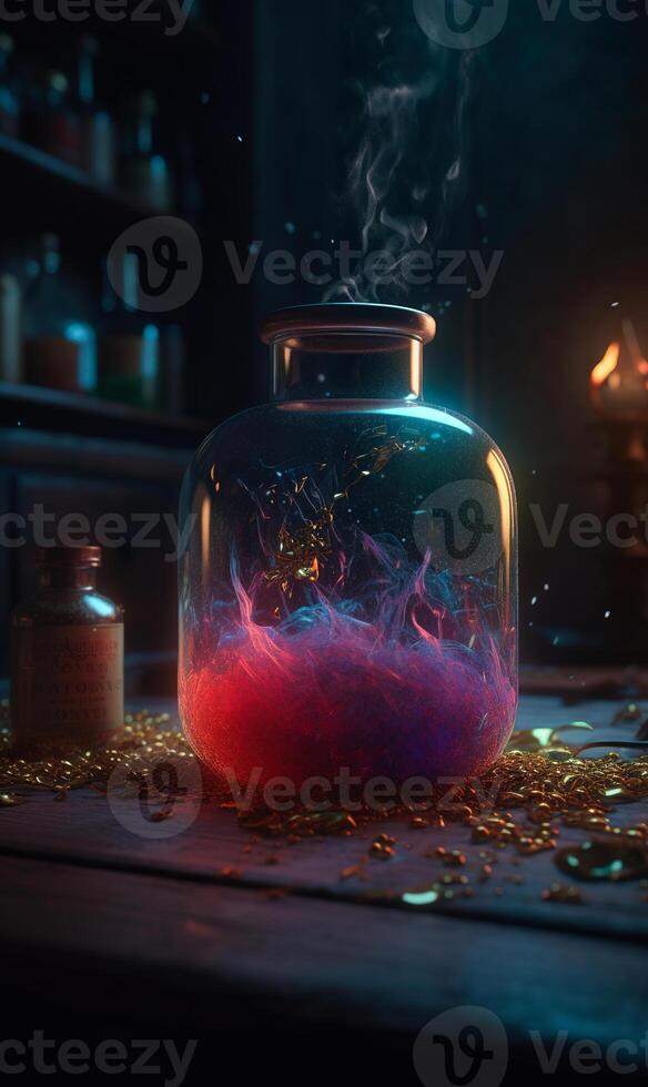 AI generated Magic potion ultra realistic. A jar filled with liquid sitting on top of a table photo