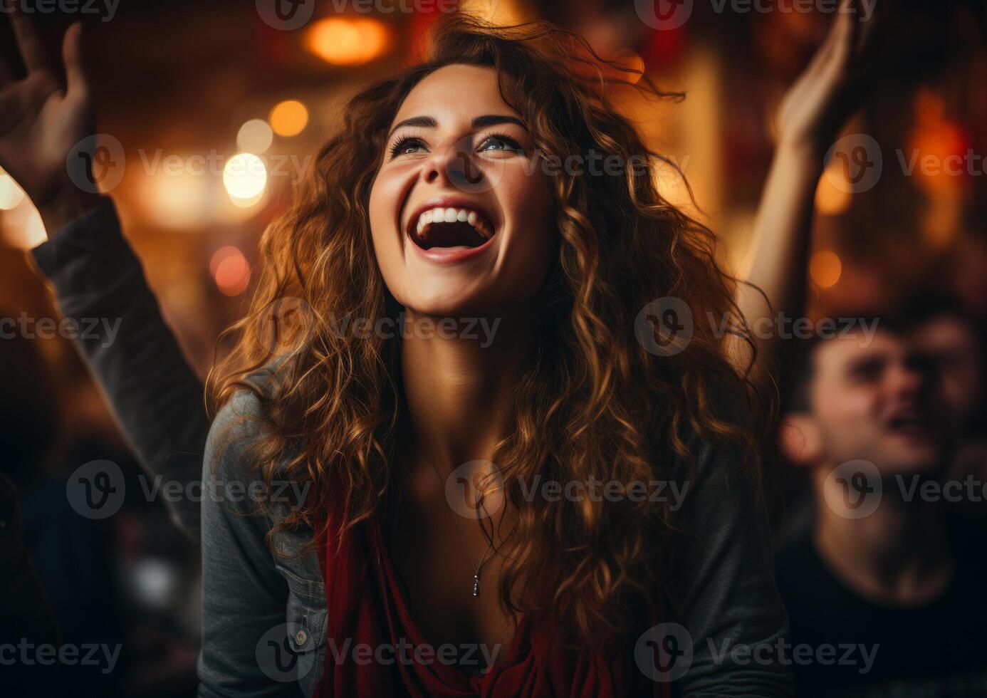 AI generated A girl with arms raised in the air. A woman laughing and raising her hands in the air photo