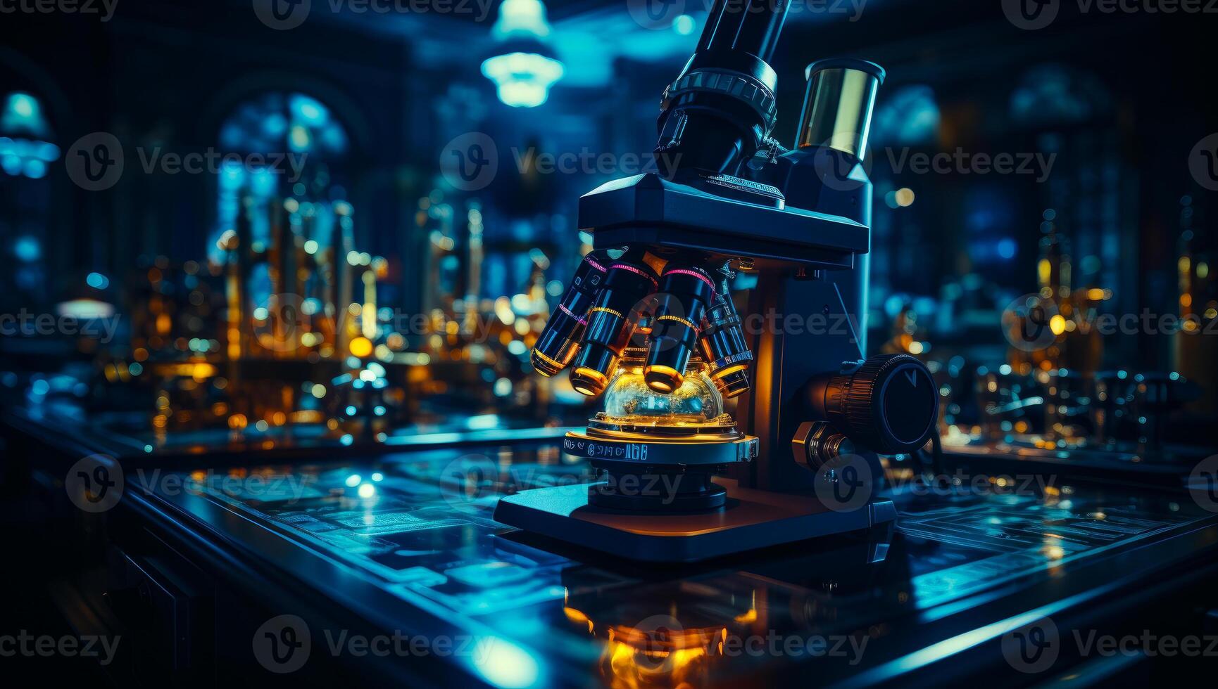 AI generated An image of a microscope. A close up of a microscope on a table photo