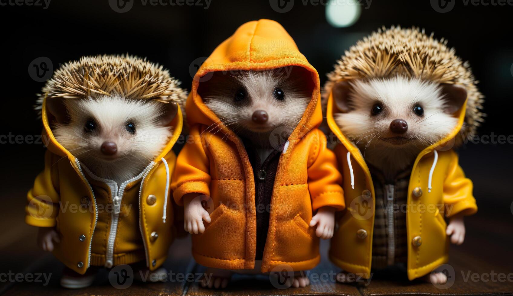 AI generated Three hedgehogs in coats wearing outfits. Three hedgehogs dressed in jackets and jackets photo