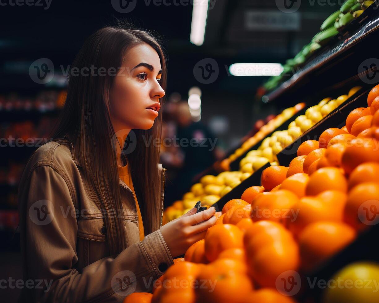 AI generated Closeup candid photograph of a woman shopping. A woman looking at oranges in a grocery store photo