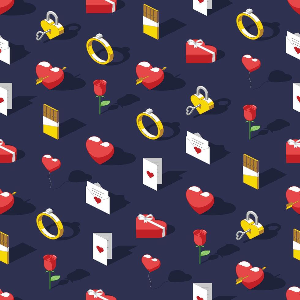 Colored isometric romance icons seamless pattern on dark blue background vector