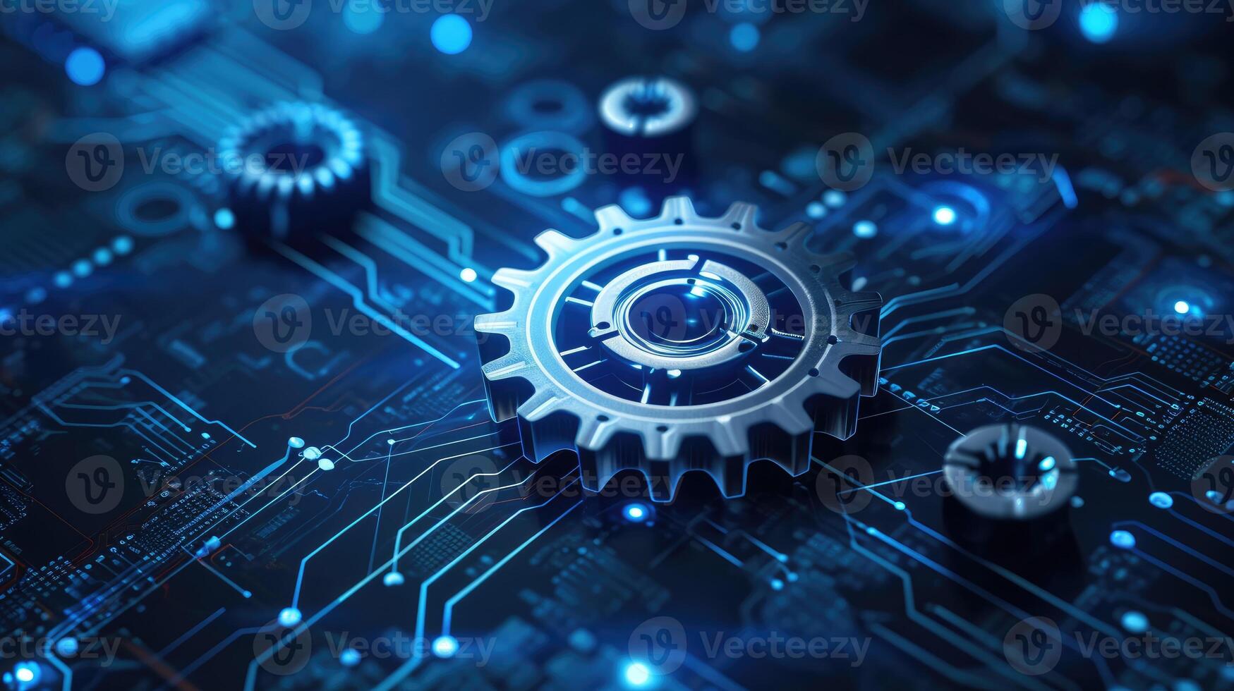 AI generated A gear wheel integrated into a circuit board, exemplifying hi-tech engineering and innovation, Ai Generated photo