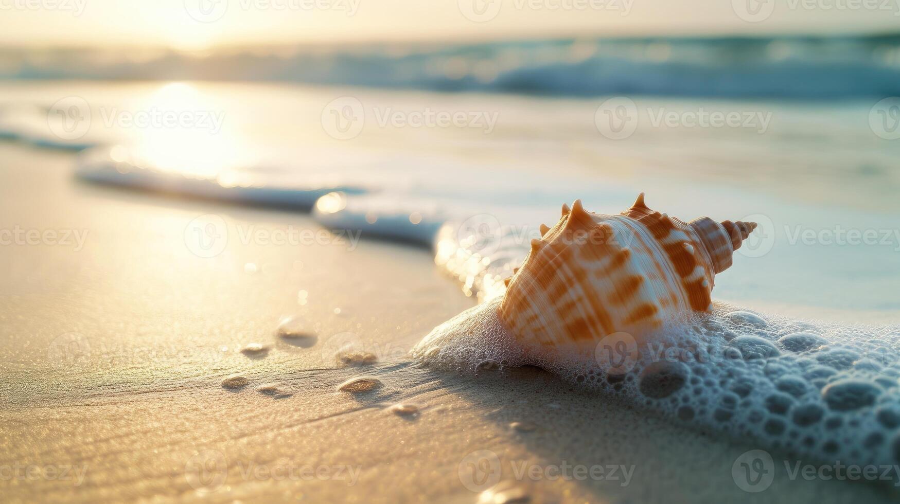 AI generated Close-up of a beach shell, embraced by gentle waves, a timeless coastal treasure, Ai Generated photo
