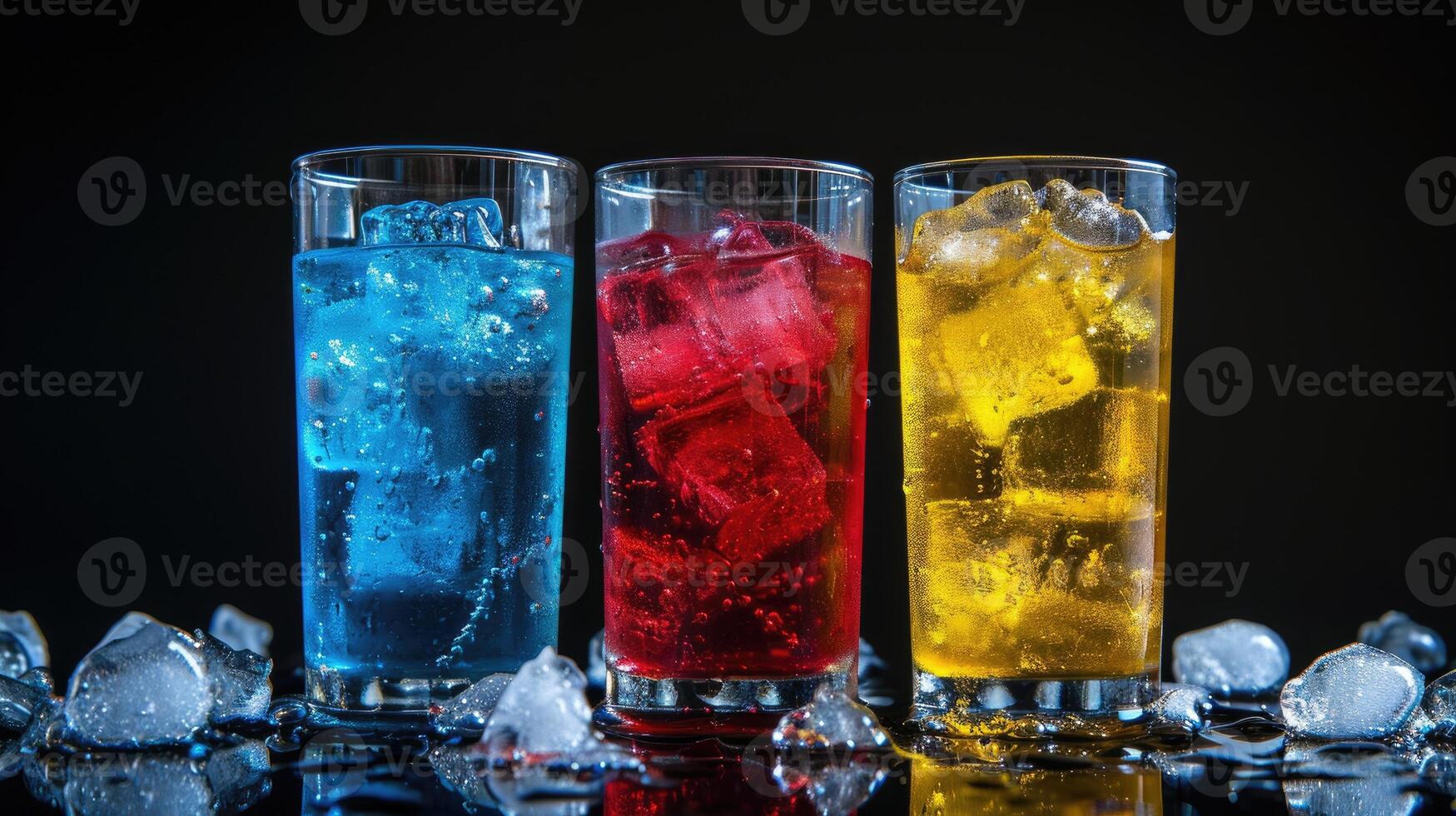 AI generated three glasses of soda on a black background, Ai Generated photo