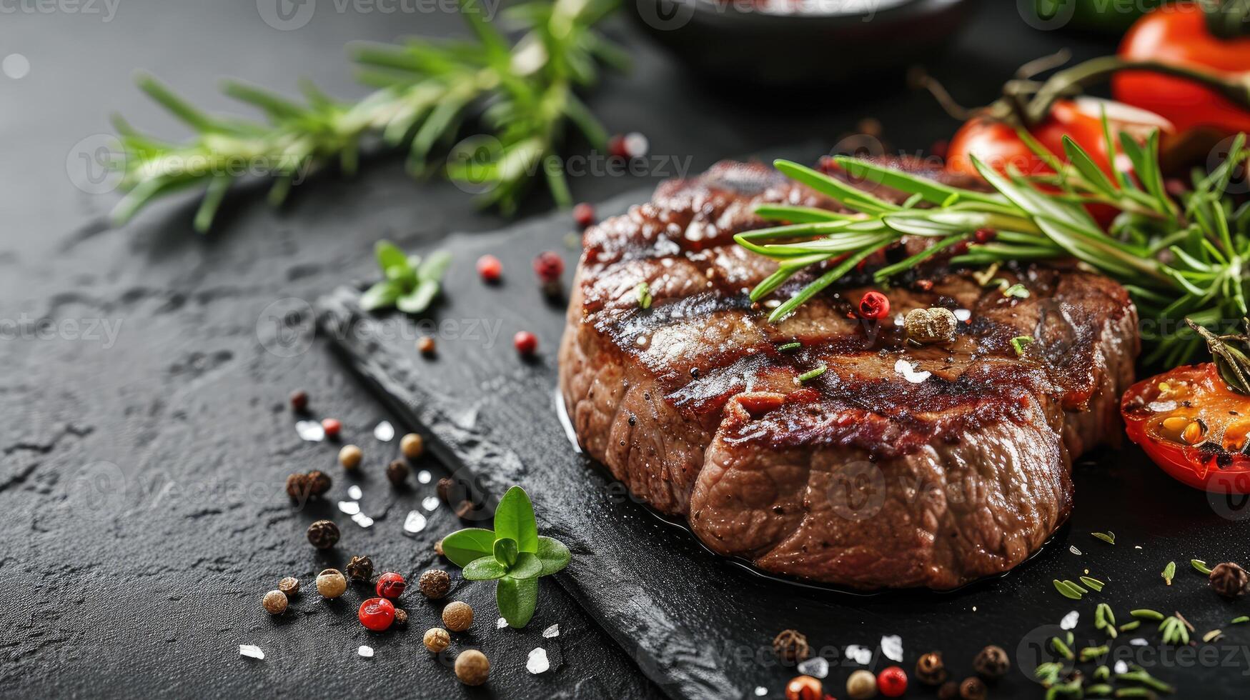 ai generado satisfacer tu antojos con el Exquisito gusto de expertamente sazonado carne de vaca filete, un culinario obra maestra en un oscuro lienzo, ai generado. foto