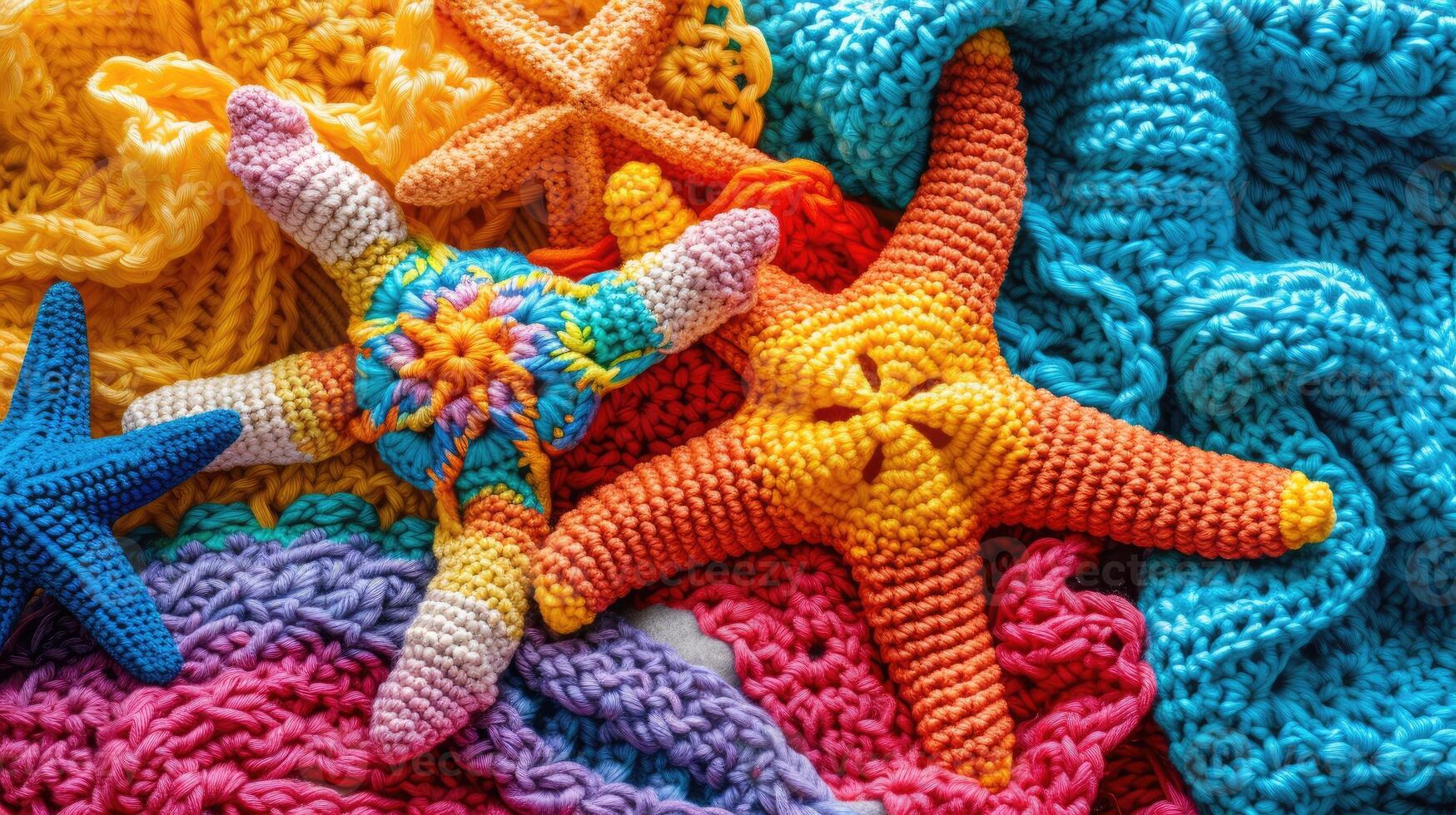 AI generated Crocheted beach toy, vibrant backdrop, handcrafted and adorable, Ai Generated photo