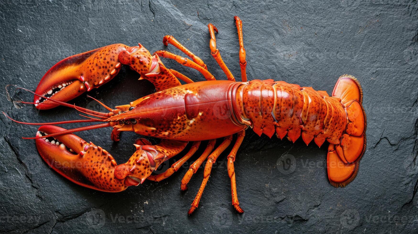 AI generated Delight in the seafood elegance with a close-up of a large red boiled lobster on slate, Ai Generated photo