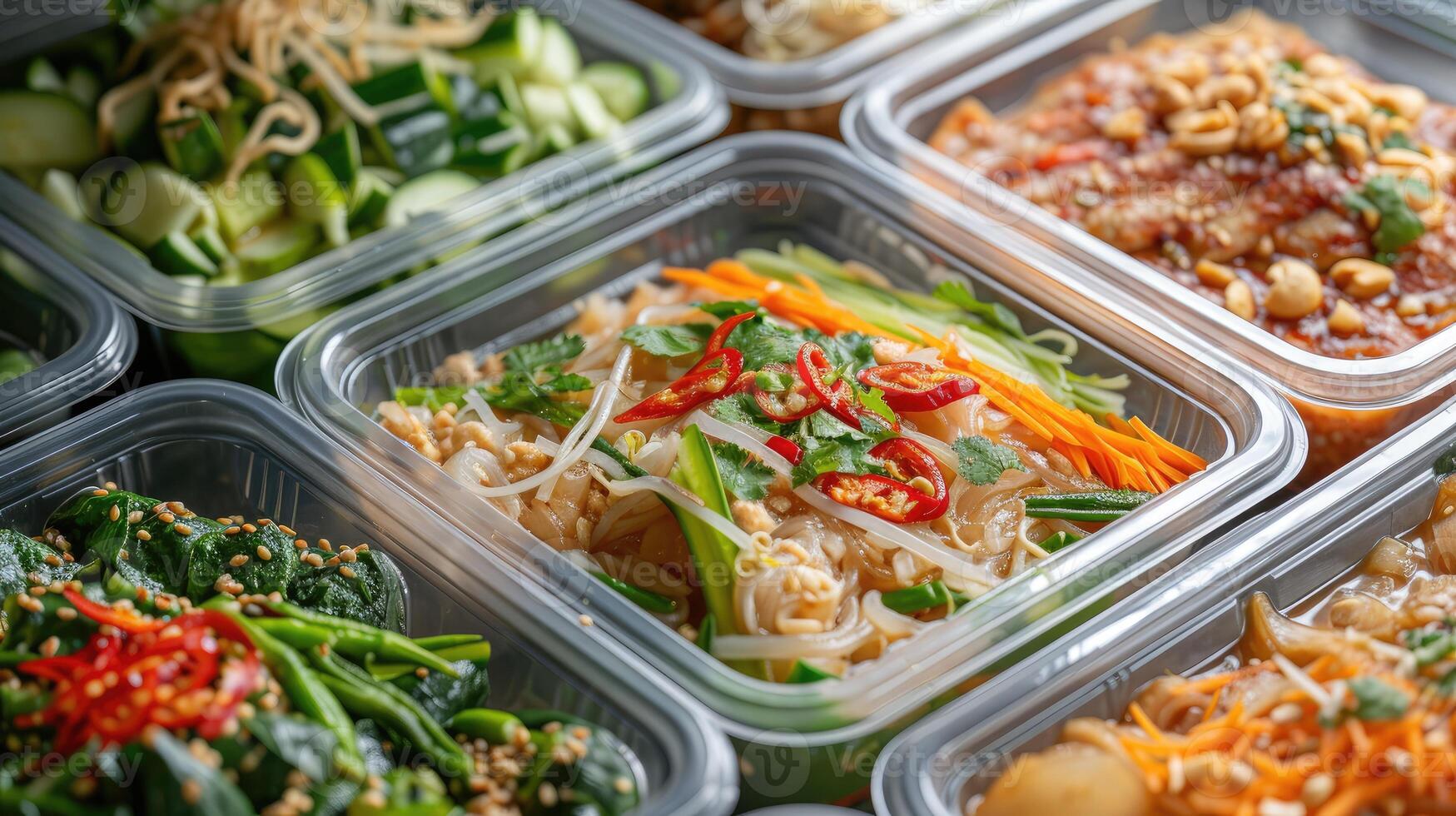 AI generated Modern Thai food lunch boxes in plastic packages, a convenient and delicious option, Ai Generated. photo